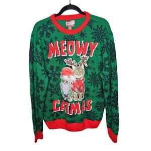 Ugly Christmas Sweater Meowy Catmas Party Sweater Dec. 25th Green Red Sz Large